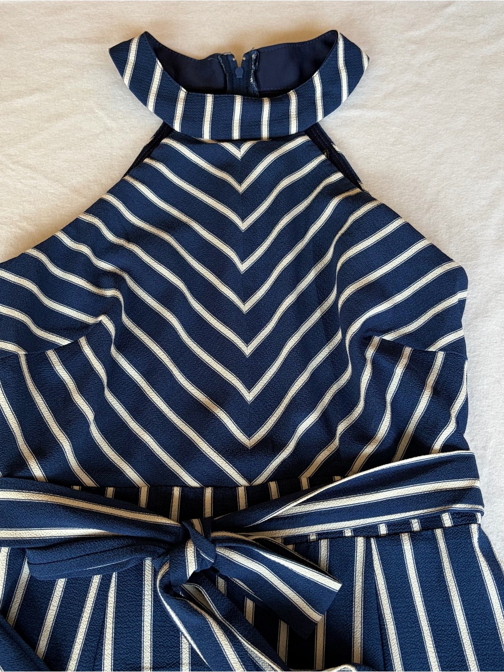 Navy and White Striped Wide-Leg Jumpsuit with Waist Tie
